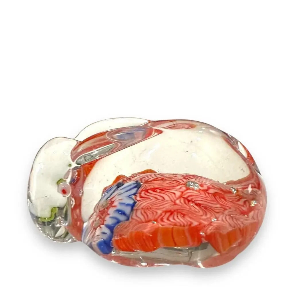 Art Glass Rabbit Paperweight Bunny Hand Blown Millefiori Clear Red White Blue